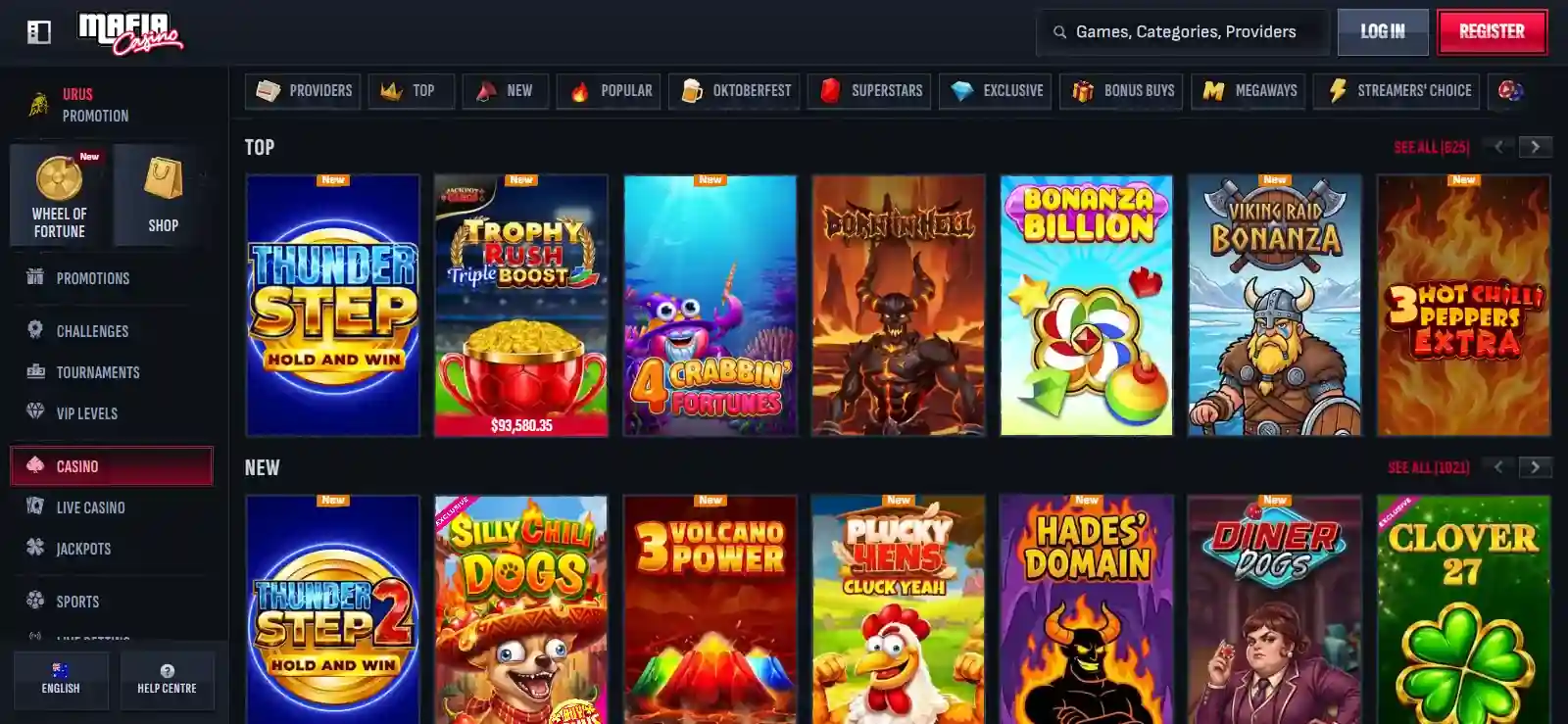 Mafia Casino AU game categories for pokies, table games, live casino and sports