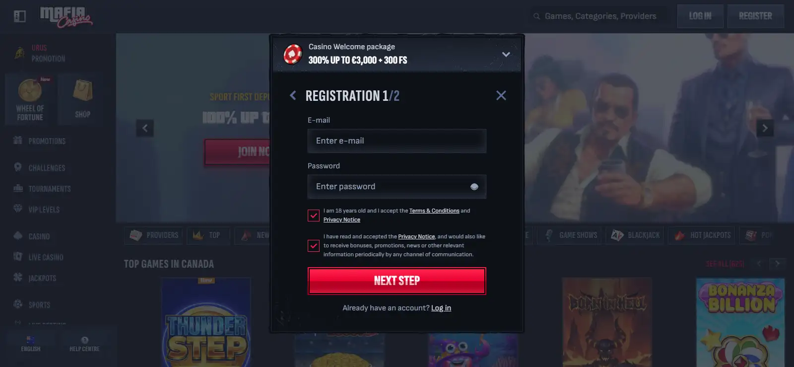 Mafia Casino AU login screen with email, phone and registration options