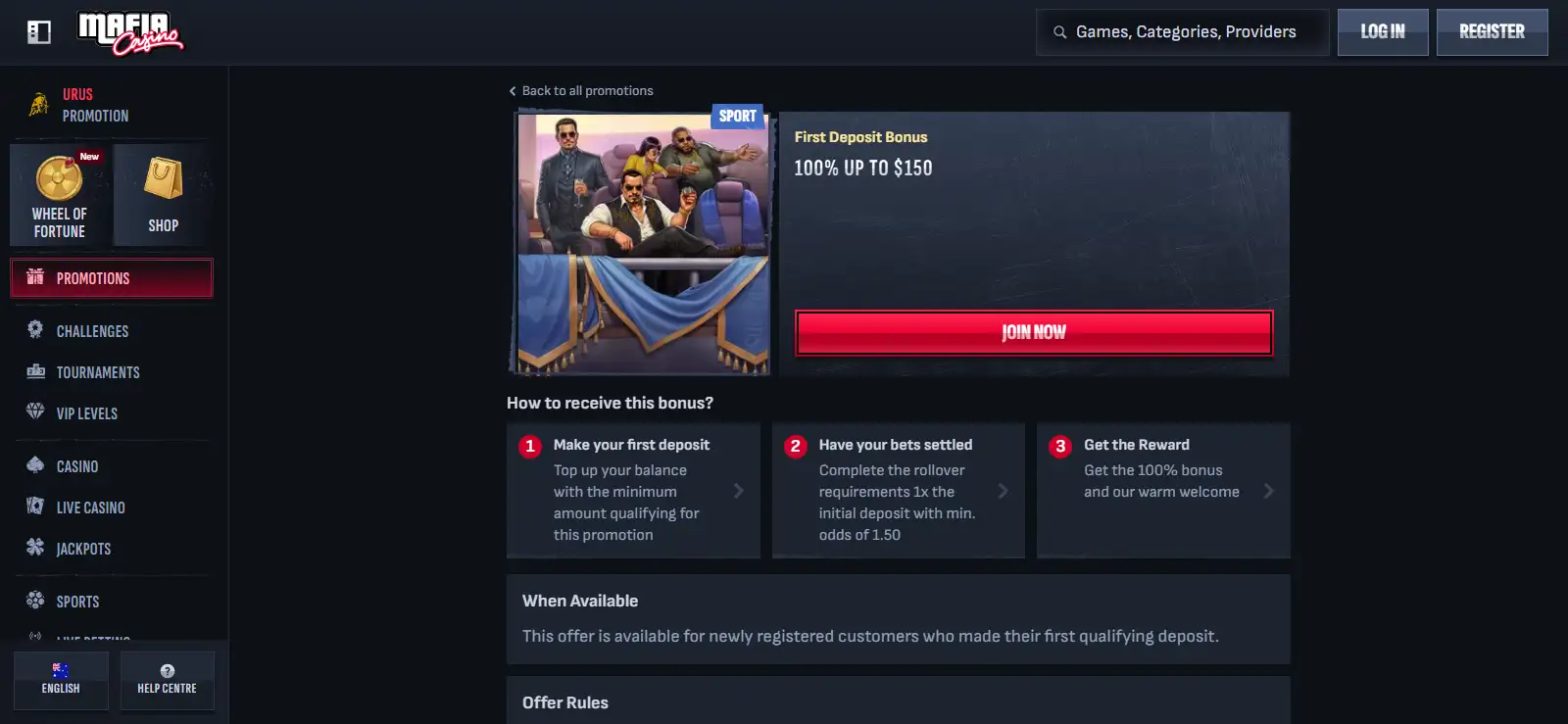 Mafia Casino AU sportsbook and sports first-deposit offer