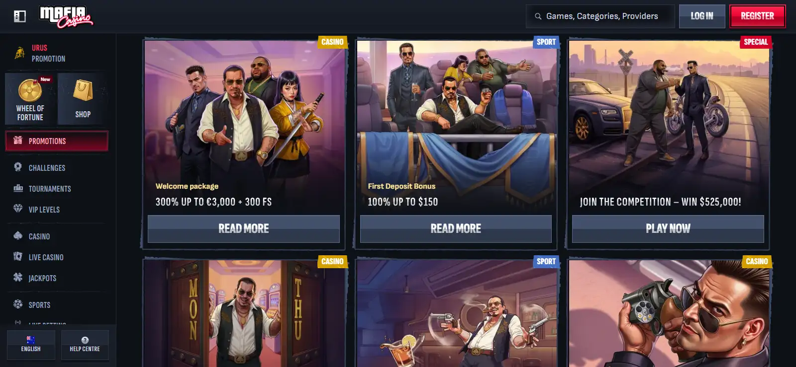 Mafia Casino Australia promotions showing casino and sports offers