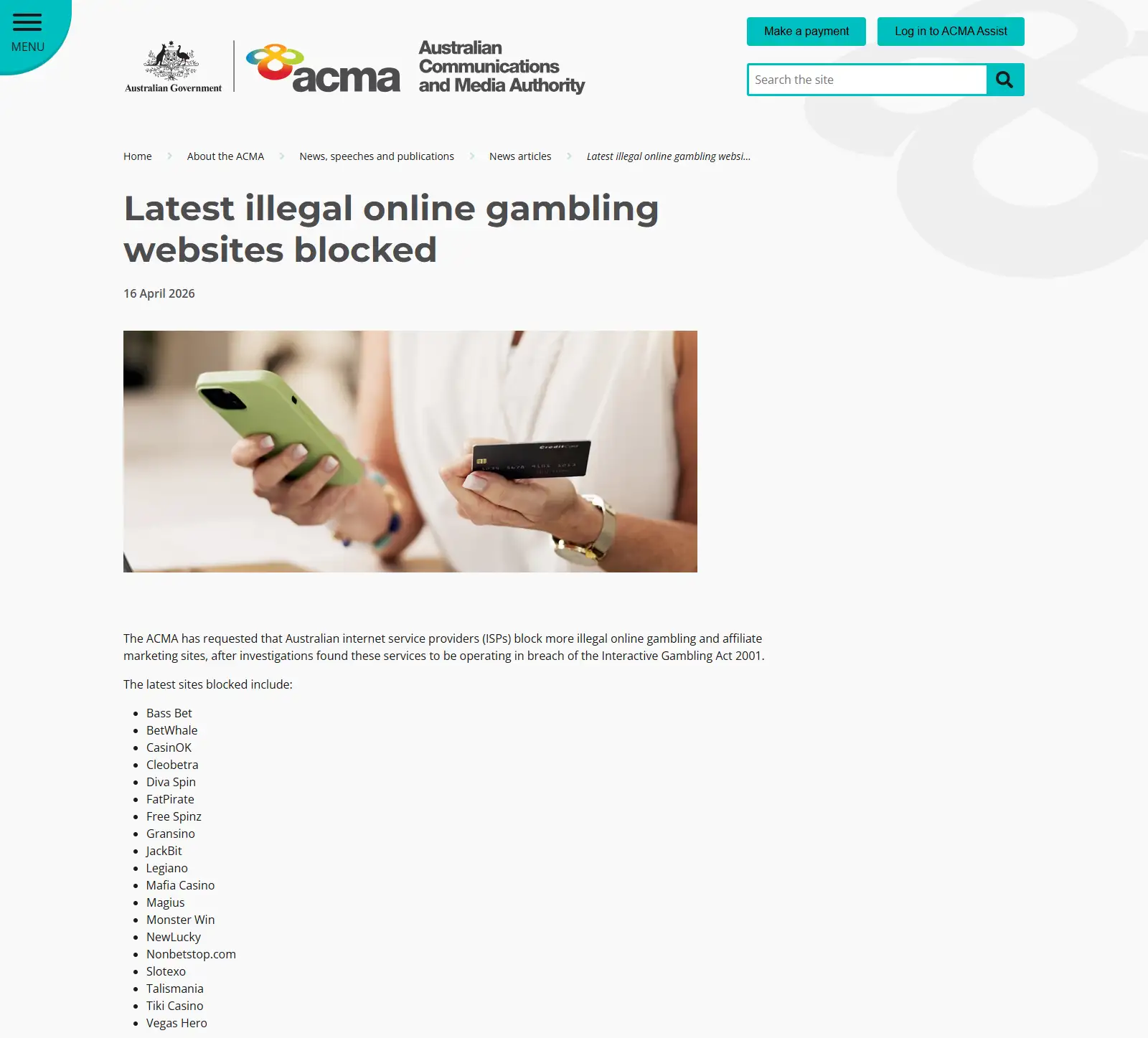 ACMA page naming Mafia Casino in an illegal gambling website blocking action
