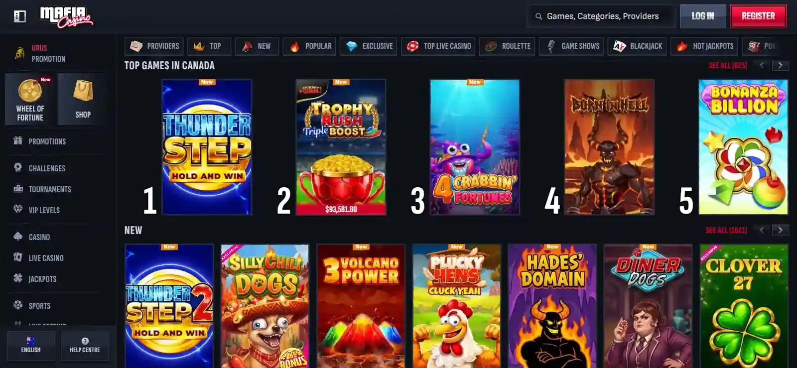 Mafia Casino Australia-facing navigation for casino, live casino and sports